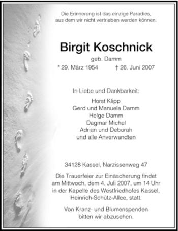 Traueranzeige von Birgit Koschnick von HNA