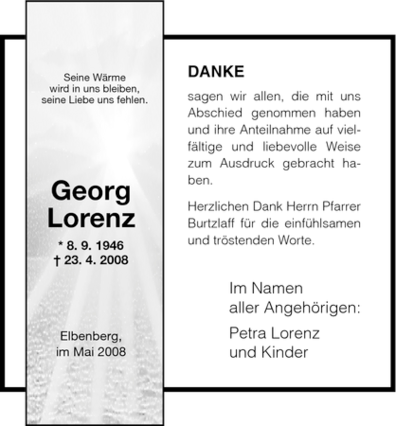  Traueranzeige für Georg Lorenz vom 31.05.2008 aus HNA
