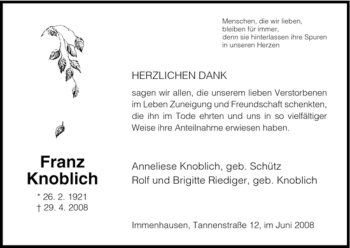 Traueranzeige von Franz Knoblich von HNA