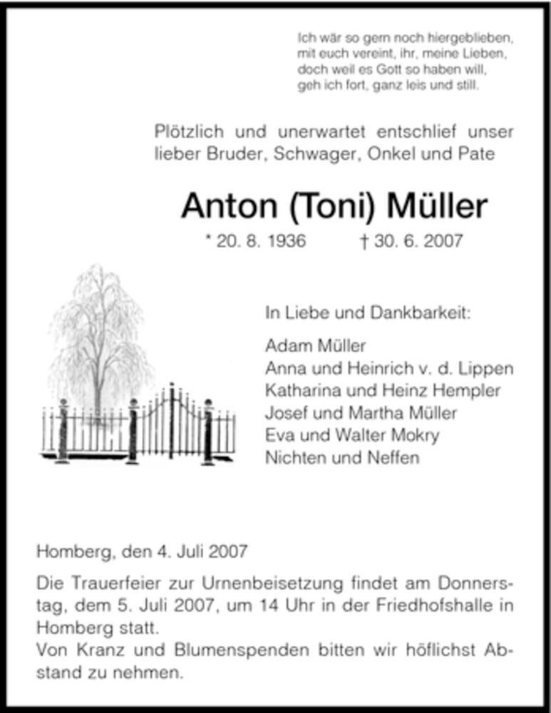  Traueranzeige für Anton Müller vom 04.07.2007 aus HNA