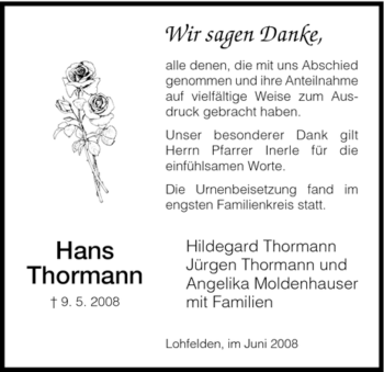 Traueranzeige von Hans Thormann von HNA