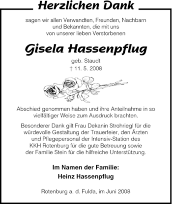 Traueranzeige von Gisela Hassenpflug von HNA