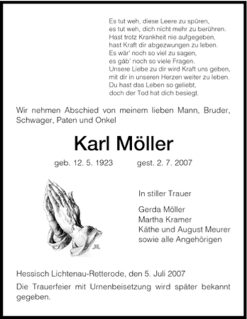 Traueranzeige von Karl Möller von HNA