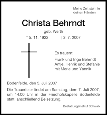 Traueranzeige von Christa Behrndt von HNA