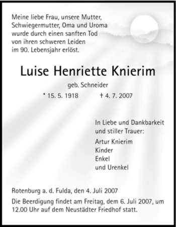 Traueranzeige von Luise Henriette Knierim von HNA