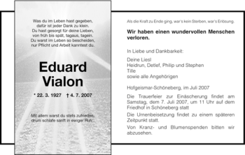 Traueranzeige von Eduard Vialon von HNA