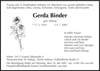 Traueranzeige von Gerda Binder von HNA