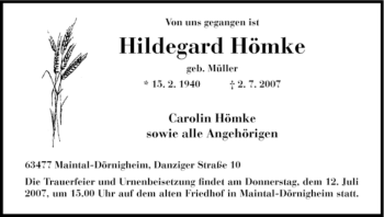 Traueranzeige von Hildegard Hömke von HNA