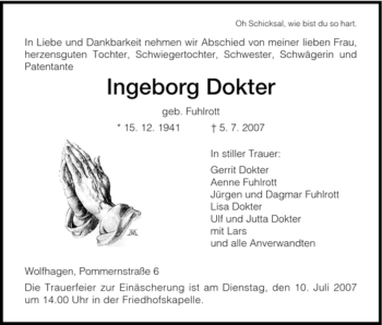 Traueranzeige von Ingeborg Dokter von HNA