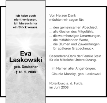 Traueranzeige von Eva Laskowski von HNA