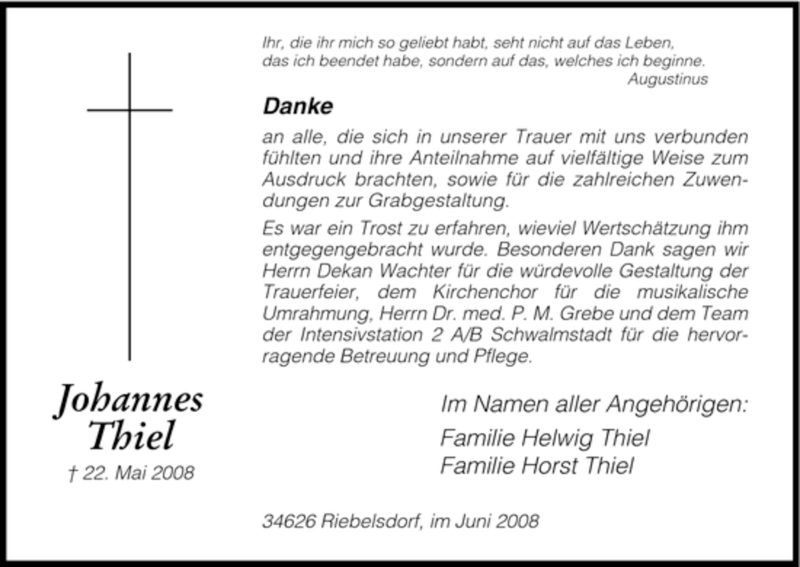  Traueranzeige für Johannes Thiel vom 14.06.2008 aus HNA