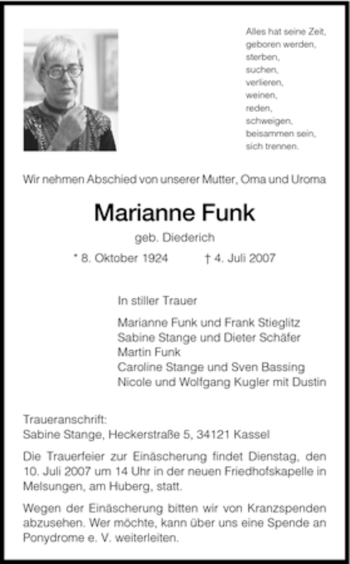 Traueranzeige von Marianne Funk von HNA