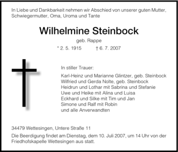 Traueranzeige von Wilhelmine Steinbock von HNA