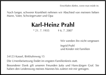 Traueranzeige von Karl-Heinz Prahl von HNA