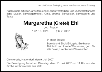 Traueranzeige von Margaretha Ehl von HNA