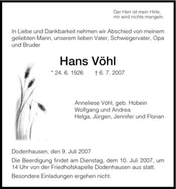 Traueranzeige von Hans Vöhl von HNA