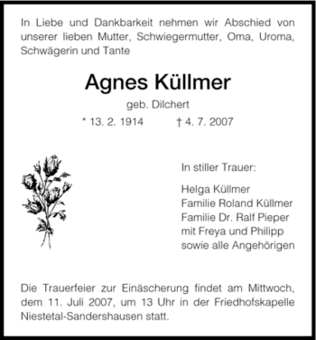 Traueranzeige von Agnes Küllmer von HNA