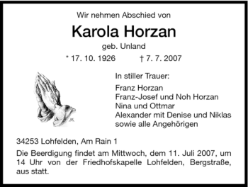 Traueranzeige von Karola Horzan von HNA