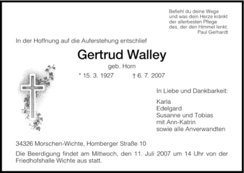 Traueranzeige von Gertrud Walley von HNA