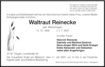 Traueranzeige von Waltraut Reinecke von HNA