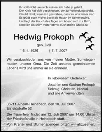 Traueranzeige von Hedwig Prokoph von HNA