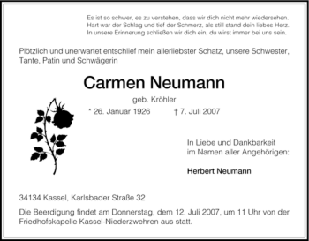 Traueranzeige von Carmen Neumann von HNA