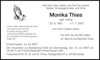 Traueranzeige von Monika Thies von HNA