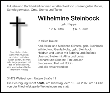 Traueranzeige von Wilhelmine Steinbock von HNA