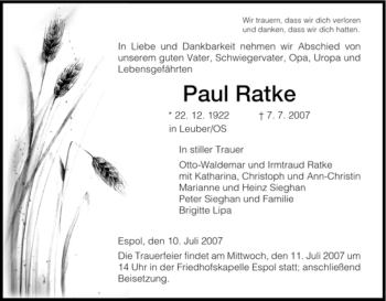 Traueranzeige von Paul Ratke von HNA