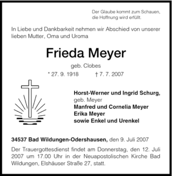 Traueranzeige von Frieda Meyer von HNA