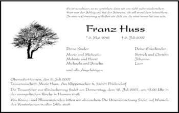 Traueranzeige von Franz Huss von HNA