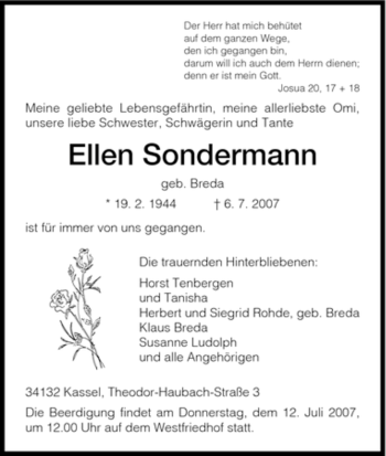 Traueranzeige von Ellen Sondermann von HNA