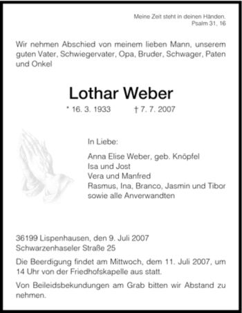 Traueranzeige von Lothar Weber von HNA