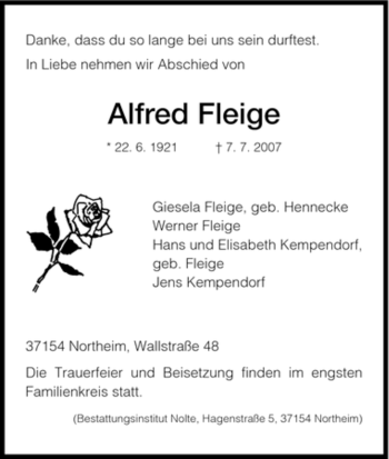 Traueranzeige von Alfred Fleige von HNA