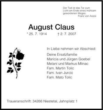 Traueranzeige von August Claus von HNA