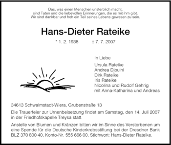 Traueranzeige von Hans-Dieter Rateike von HNA