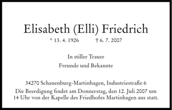 Traueranzeige von Elisabeth Friedrich von HNA