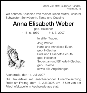 Traueranzeige von Anna Elisabeth Weber von HNA