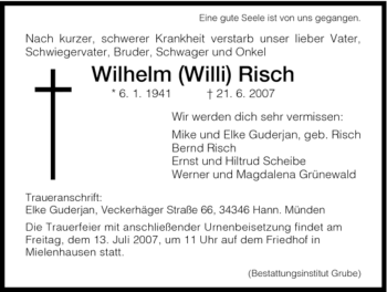 Traueranzeige von Wilhelm Risch von HNA