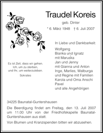 Traueranzeige von Traudel Koreis von HNA