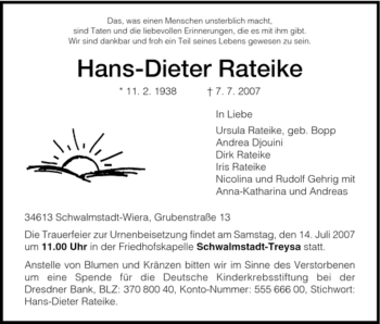 Traueranzeige von Hans-Dieter Rateike von HNA