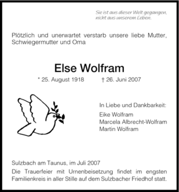 Traueranzeige von Else Wolfram von HNA