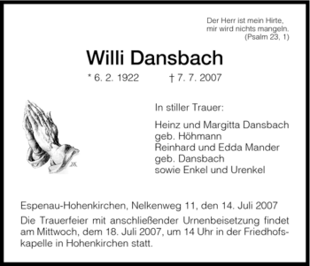 Traueranzeige von Willi Dansbach von HNA