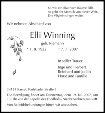 Traueranzeige von Elli Winning von HNA