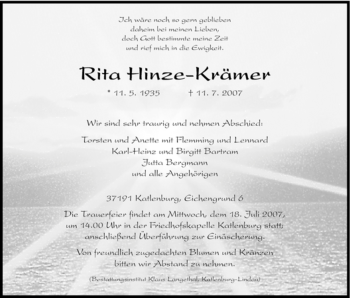 Traueranzeige von Rita Hinze-Krämer von HNA