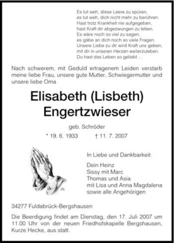 Traueranzeige von Elisabeth Engertzwieser von HNA