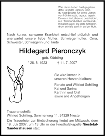 Traueranzeige von Hildegard Pieronczyk von HNA