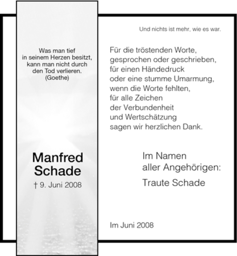  Traueranzeige für Manfred Schade vom 05.07.2008 aus HNA