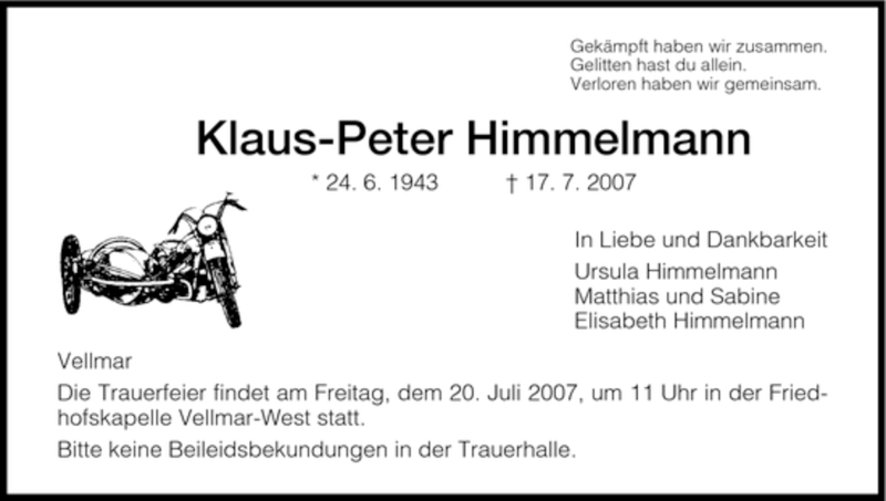  Traueranzeige für Klaus-Peter Himmelmann vom 19.07.2007 aus HNA