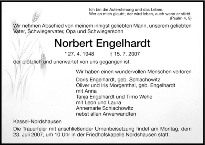  Traueranzeige für Norbert Engelhardt vom 19.07.2007 aus HNA
